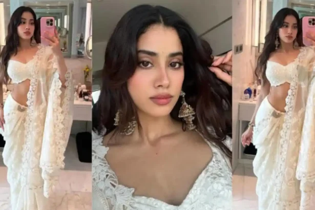 Hunterfly 26 05 30 210839 11zon Janhvi Kapoor wearing an ivory embroidered Anamika Khanna saree with cape-style pallu