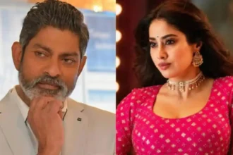 Jagapathi Babu and Janhvi Kapoor during promotions for the Telugu film Peddi