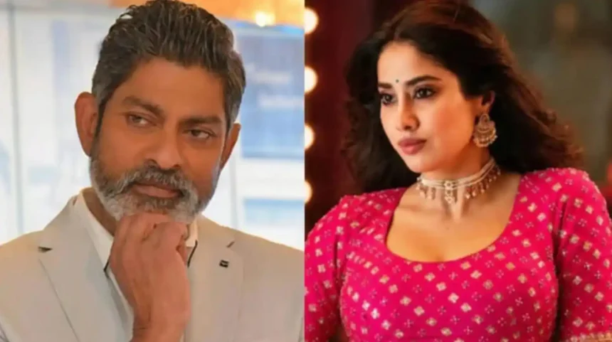 Hunterfly 026 06 08 191543 11zon Jagapathi Babu and Janhvi Kapoor during promotions for the Telugu film Peddi