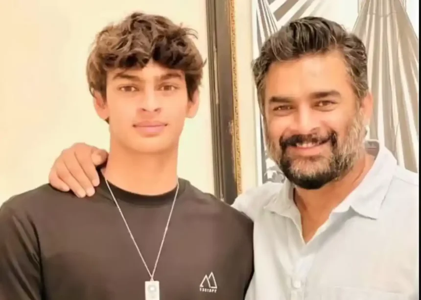 R Madhavan with son Vedaant Madhavan discussing family support and swimming achievements