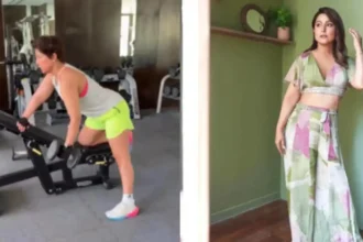 Hina Khan performing strength training and cardio exercises during gym workout session