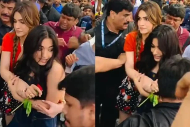 Hunterfly 026 06 14 093532 11zon Kriti Sanon guiding Rashmika Mandanna through a crowd during a Cocktail 2 promotional event