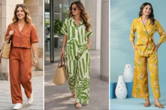 Woman wearing a stylish co-ord set with structured accessories and layered styling