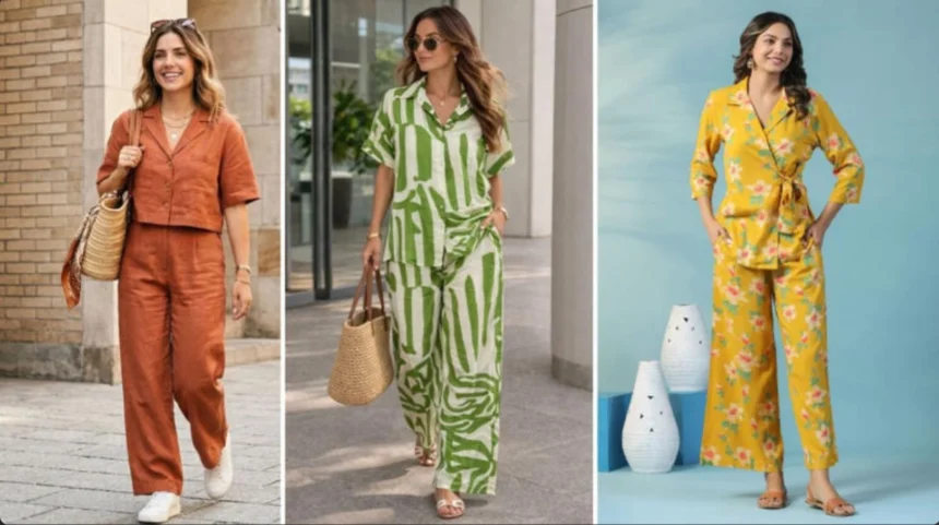 Woman wearing a stylish co-ord set with structured accessories and layered styling