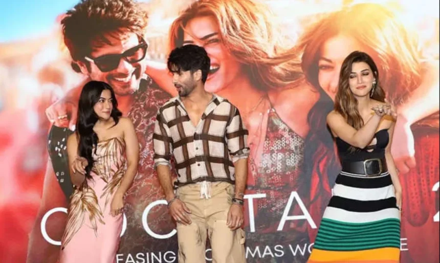 Shahid Kapoor, Kriti Sanon and Rashmika Mandanna in Cocktail 2 promotional artwork