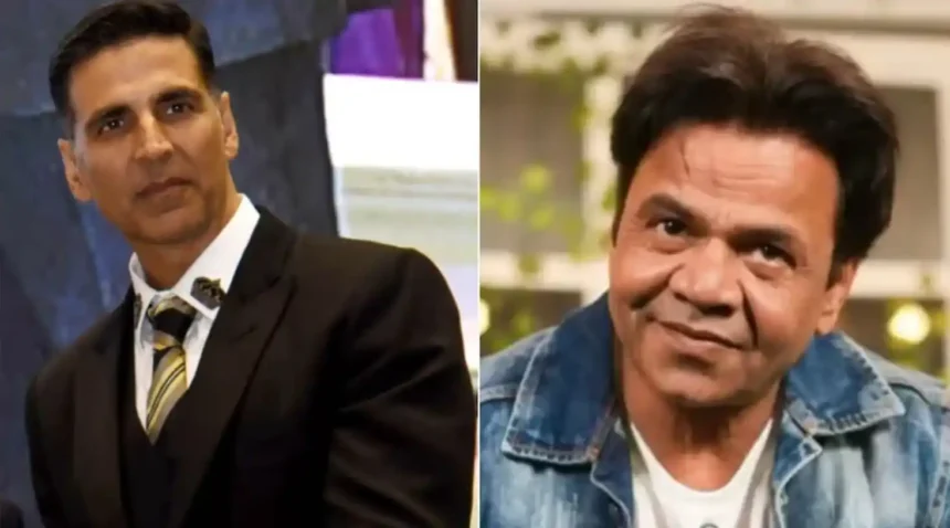 Rajpal Yadav and Akshay Kumar sharing a fun moment during the Welcome to the Jungle trailer launch