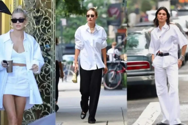 Woman styling oversized white shirt with tailored trousers, belt, and summer accessories for chic summer fashion look