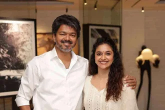 Hunterfly 2026 06 23 192313 Keerthy Suresh and Thalapathy Vijay during a public event as fans react to her birthday tribute