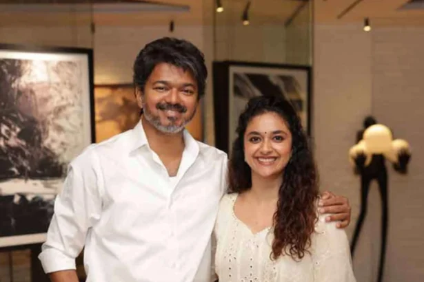Keerthy Suresh and Thalapathy Vijay during a public event as fans react to her birthday tribute