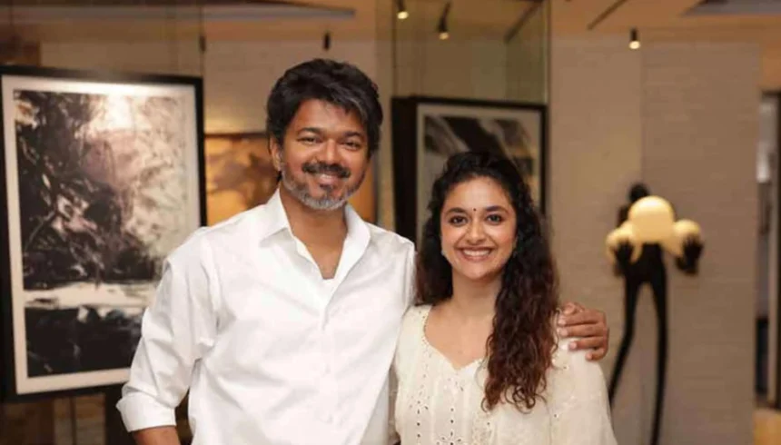 Keerthy Suresh and Thalapathy Vijay during a public event as fans react to her birthday tribute