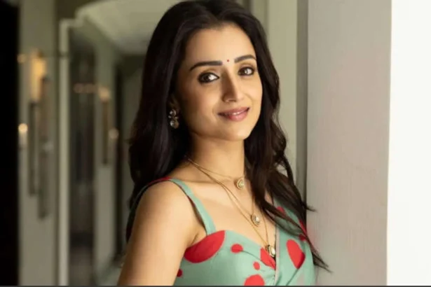 Trisha Krishnan speaking at a public event while discussing relationships and life choices