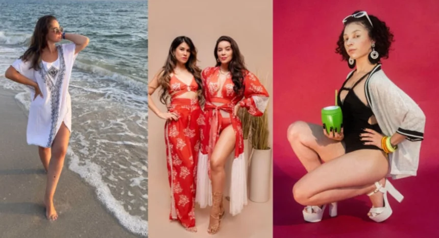 Women wearing stylish swimsuits and beachwear during a seaside vacation
