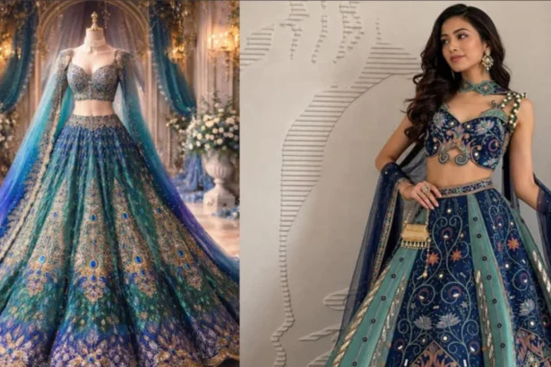 Bride wearing a colorful designer lehenga featuring modern embroidery and traditional craftsmanship