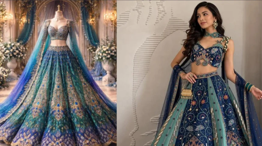 Bride wearing a colorful designer lehenga featuring modern embroidery and traditional craftsmanship