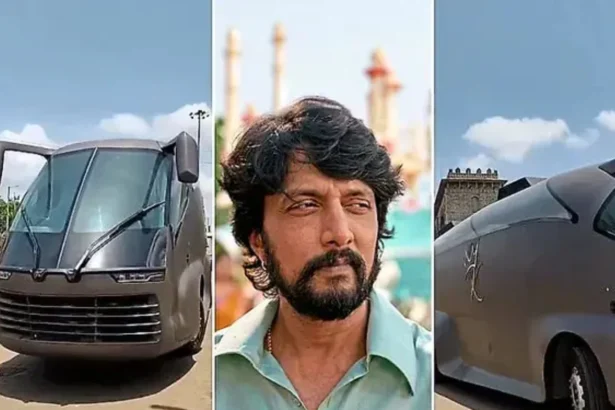 Kiccha Sudeep standing beside his custom-built luxury caravan during Billa Ranga Baashaa shooting