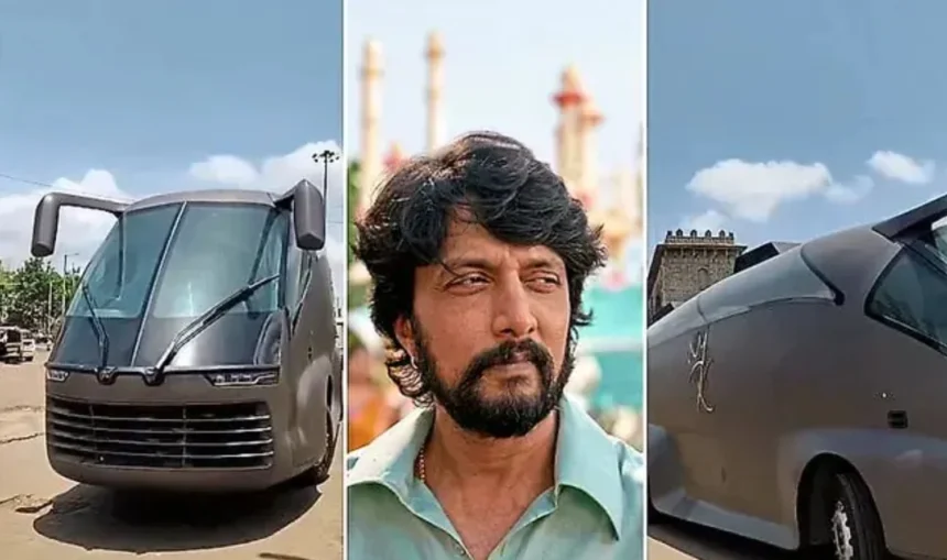 Kiccha Sudeep standing beside his custom-built luxury caravan during Billa Ranga Baashaa shooting