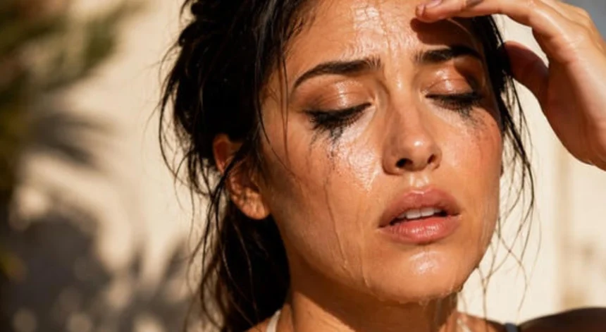 Woman applying makeup designed to stay fresh in humid weather