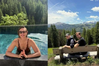 Maria Sharapova relaxing in infinity pool during Italian Alps vacation with scenic mountain backdrop