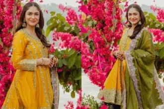 Mrunal Thakur wearing a vibrant yellow, green and violet Heena Kochhar festive outfit with traditional jewellery