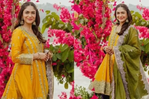 Mrunal Thakur wearing a vibrant yellow, green and violet Heena Kochhar festive outfit with traditional jewellery