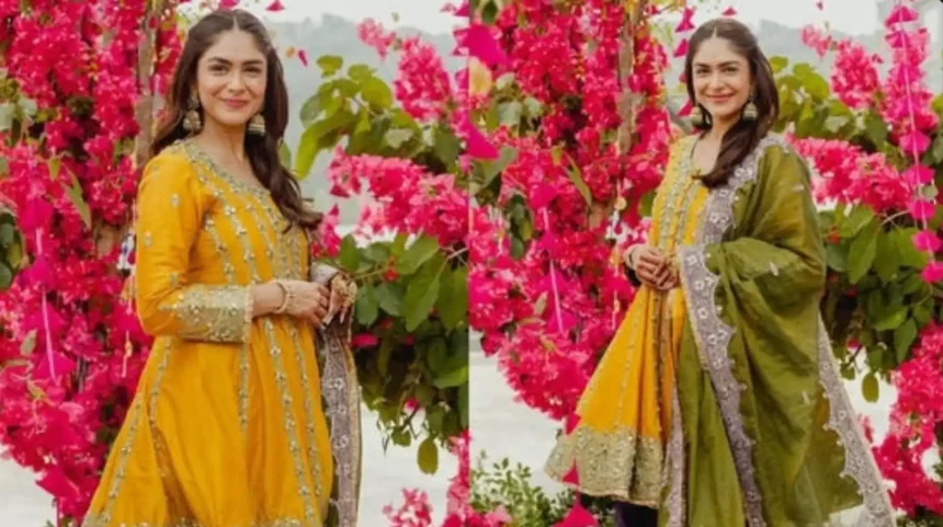 Mrunal Thakur wearing a vibrant yellow, green and violet Heena Kochhar festive outfit with traditional jewellery