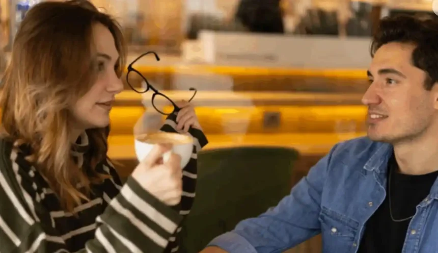Young adults discussing relationships and dating app experiences.