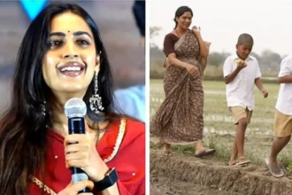 Niharika Konidela speaking at the pre-release event of Vanda Devullu alongside the film's cast and crew