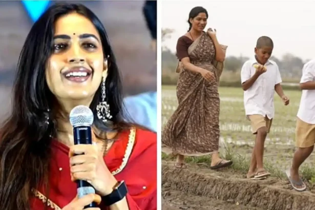 Niharika Konidela speaking at the pre-release event of Vanda Devullu alongside the film's cast and crew
