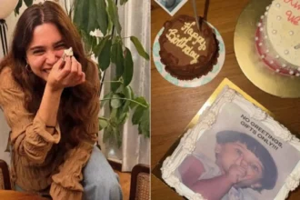 Bollywood actress Sharvari celebrating her birthday with a personalized cake