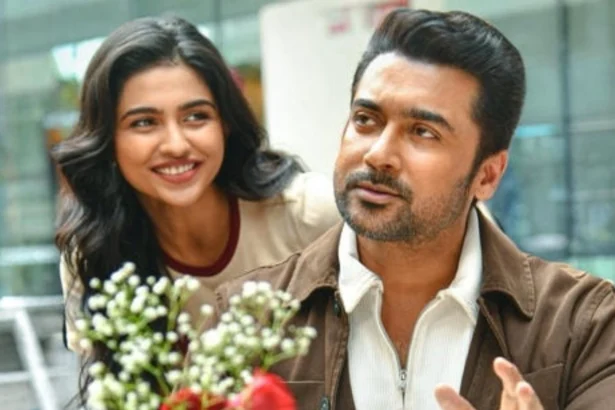 Mamitha Baiju and Suriya featured in Vishwanath and Sons promotional poster