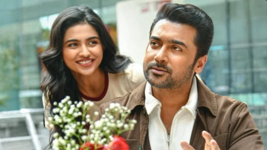 Mamitha Baiju and Suriya featured in Vishwanath and Sons promotional poster