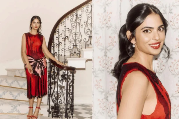 Isha Ambani attending the Serpentine Summer Party 2026 in London wearing a crimson designer dress and heirloom jewelry