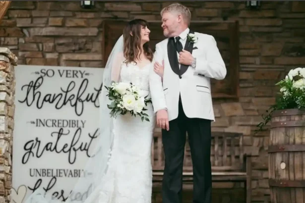 Heather McComb and Scott Michael Campbell celebrating their wedding ceremony