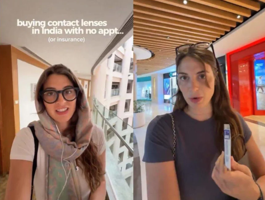 American woman discusses affordable healthcare experience in India after purchasing contact lenses
