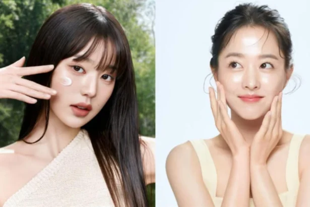 Natural Korean-inspired skincare ingredients including rice water, honey, yogurt and green tea