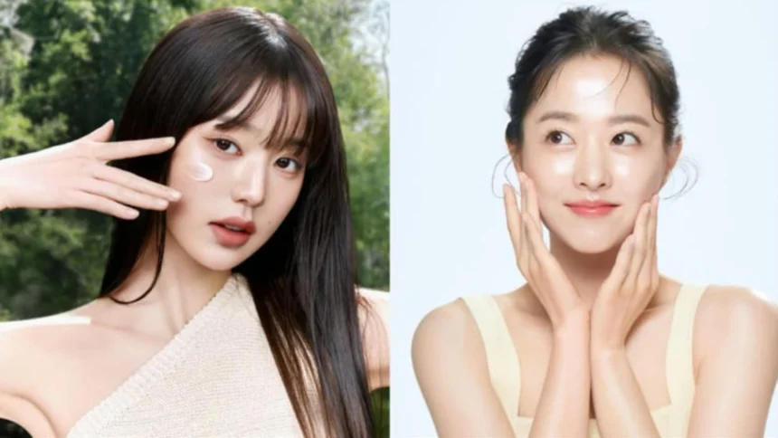 Natural Korean-inspired skincare ingredients including rice water, honey, yogurt and green tea