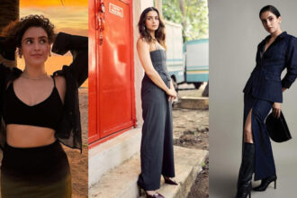 Petite woman wearing a stylish co-ord set with high-waisted pants