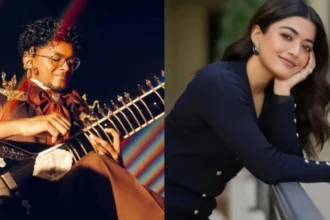 Rashmika Mandanna with sitarist Swayam Siddha Priyadarshi during Crocs India campaign shoot blending music and modern visuals