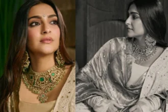 Sonam Kapoor-inspired dewy monsoon wedding makeup look with glowing skin and soft brown eye makeup