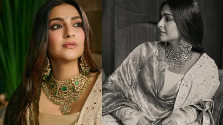 Sonam Kapoor-inspired dewy monsoon wedding makeup look with glowing skin and soft brown eye makeup