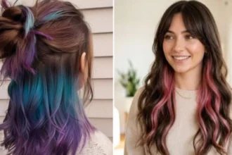 Woman showcasing peekaboo hair trend with vibrant hidden under-layer hair colours