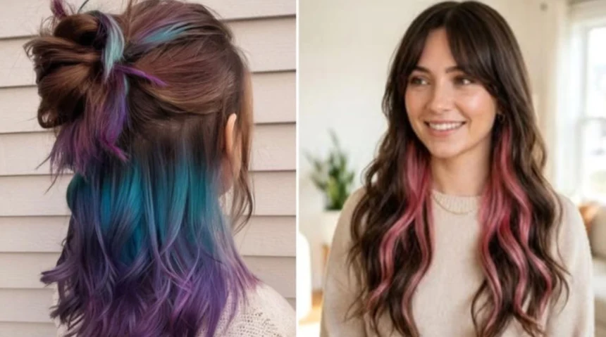 Hunterfly t 2026 06 25 162713 Woman showcasing peekaboo hair trend with vibrant hidden under-layer hair colours