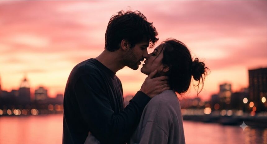 Couple sharing a romantic moment while discussing the 90/10 kissing rule and consent