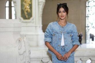 Ananya Panday wearing a light blue double denim Chanel outfit at the Fall Winter 2026 Haute Couture Show in Paris