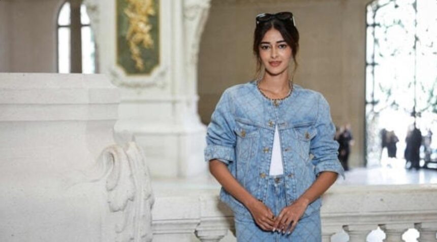 Ananya Panday wearing a light blue double denim Chanel outfit at the Fall Winter 2026 Haute Couture Show in Paris