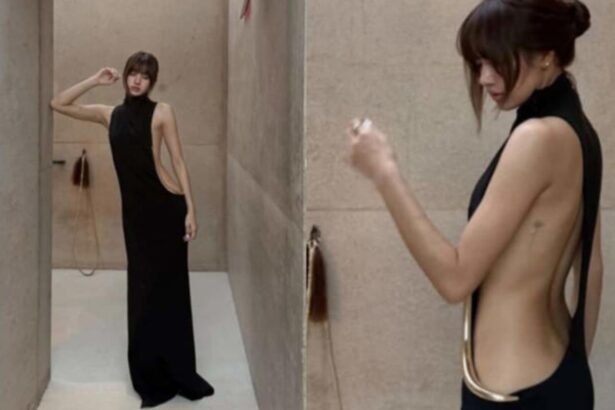 BLACKPINK member Lisa wearing a backless black gown during her Utah desert trip