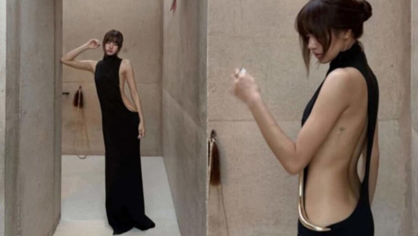 BLACKPINK member Lisa wearing a backless black gown during her Utah desert trip
