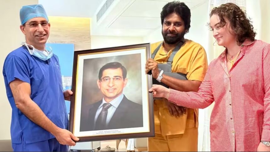 Pawan Kalyan with surgeon Dr Dinshaw Pardiwala after shoulder surgery in Mumbai