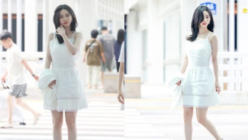 Hunterfly 026 07 18 001942 aespa member Karina wearing a white dress at the airport before changing into a casual travel look