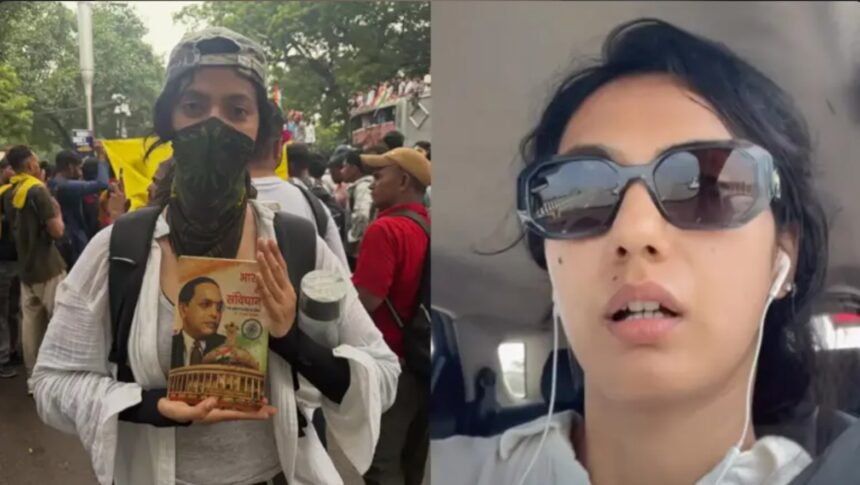 Khushboo Patani speaking about her experience at a student demonstration in Delhi